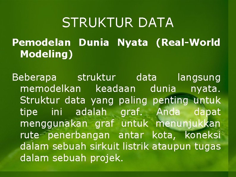 STRUKTUR DATA Pemodelan Dunia Nyata (Real-World Modeling) Beberapa struktur data langsung memodelkan keadaan dunia