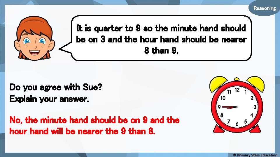 Reasoning It is quarter to 9 so the minute hand should be on 3