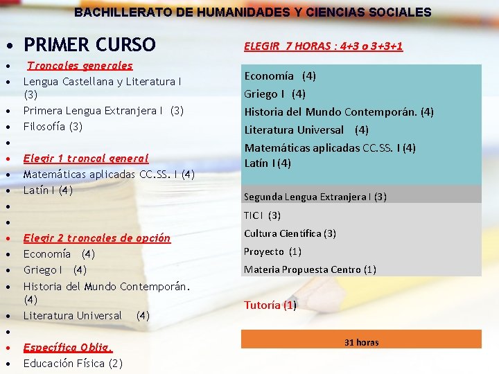 BACHILLERATO DE HUMANIDADES Y CIENCIAS SOCIALES • PRIMER CURSO • • • • • BACHILLERATO DE HUMANIDADES Y CIENCIAS SOCIALES • PRIMER CURSO • • • • •