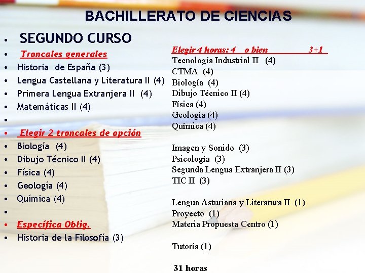 BACHILLERATO DE CIENCIAS • SEGUNDO • • • • CURSO Troncales generales Historia de BACHILLERATO DE CIENCIAS • SEGUNDO • • • • CURSO Troncales generales Historia de