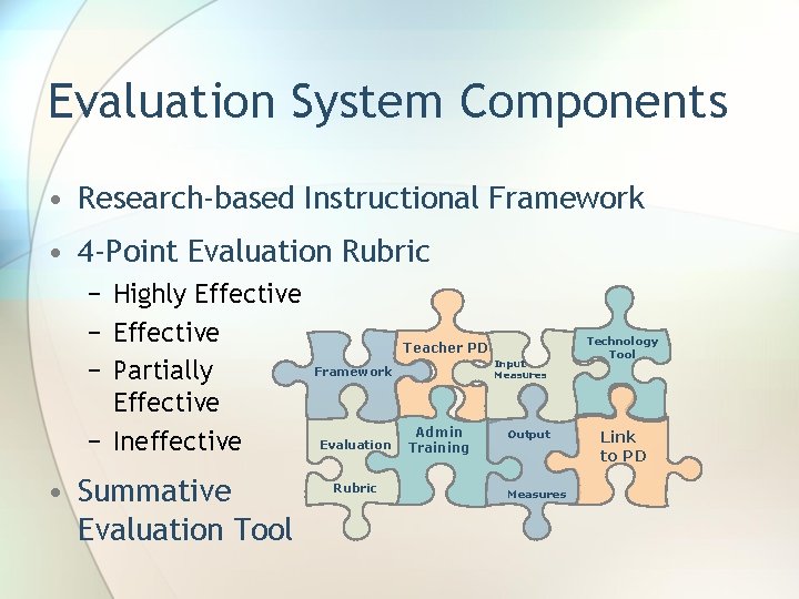 Evaluation System Components • Research-based Instructional Framework • 4 -Point Evaluation Rubric − Highly