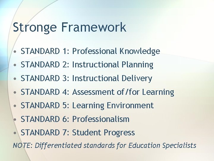Stronge Framework • STANDARD 1: Professional Knowledge • STANDARD 2: Instructional Planning • STANDARD