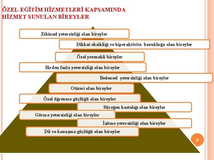 ÖZEL EĞİTİM HİZMETLERİ KAPSAMINDA HİZMET SUNULAN BİREYLER Zihinsel yetersizliği olan bireyler Dikkat eksikliği ve