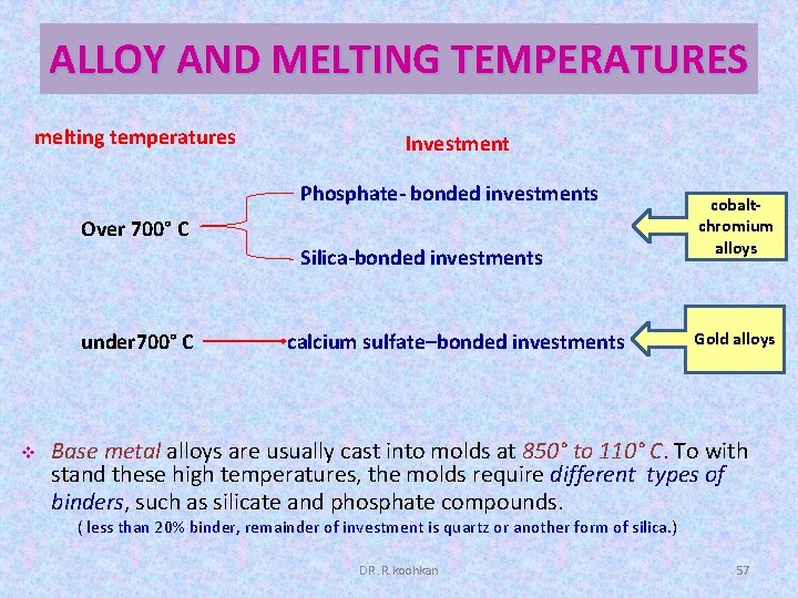 ALLOY AND MELTING TEMPERATURES melting temperatures Investment Phosphate- bonded investments Over 700° C Silica-bonded