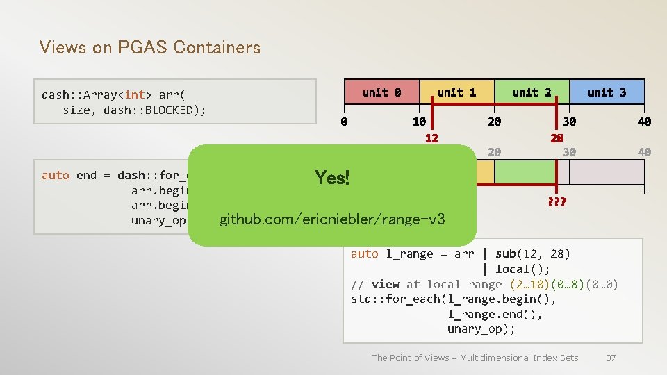 Views on PGAS Containers dash: : Array<int> arr( size, dash: : BLOCKED); auto end