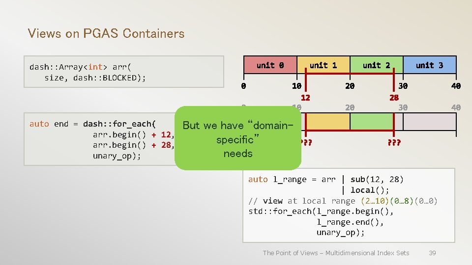 Views on PGAS Containers dash: : Array<int> arr( size, dash: : BLOCKED); auto end