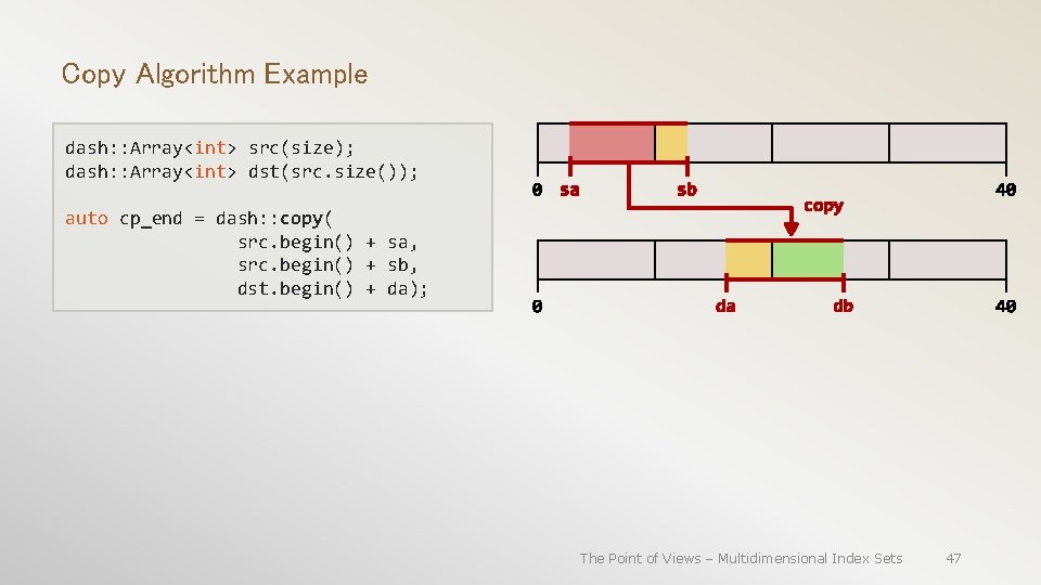 Copy Algorithm Example dash: : Array<int> src(size); dash: : Array<int> dst(src. size()); auto cp_end