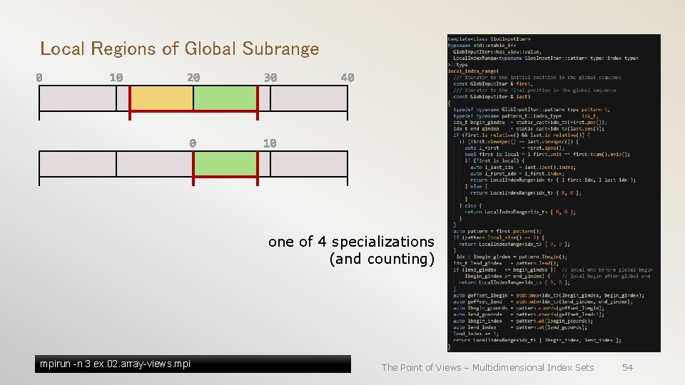 Local Regions of Global Subrange one of 4 specializations (and counting) mpirun -n 3