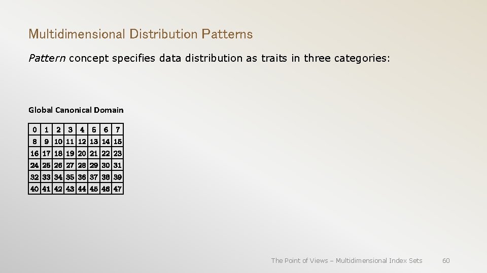 Multidimensional Distribution Patterns Pattern concept specifies data distribution as traits in three categories: Global