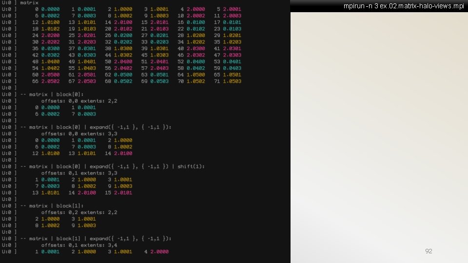 mpirun -n 3 ex. 02. matrix-halo-views. mpi 92 