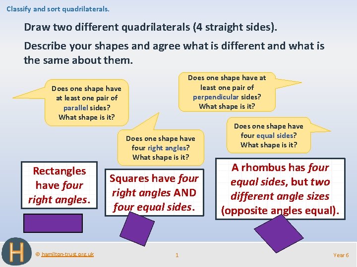 Classify and sort quadrilaterals. Draw two different quadrilaterals (4 straight sides). Describe your shapes