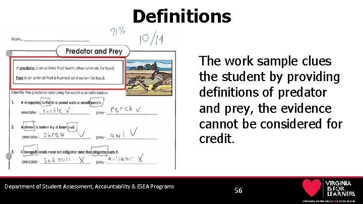 Definitions The work sample clues the student by providing definitions of predator and prey,