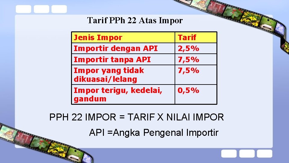 Tarif PPh 22 Atas Impor Jenis Impor Tarif Importir dengan API 2, 5% Importir