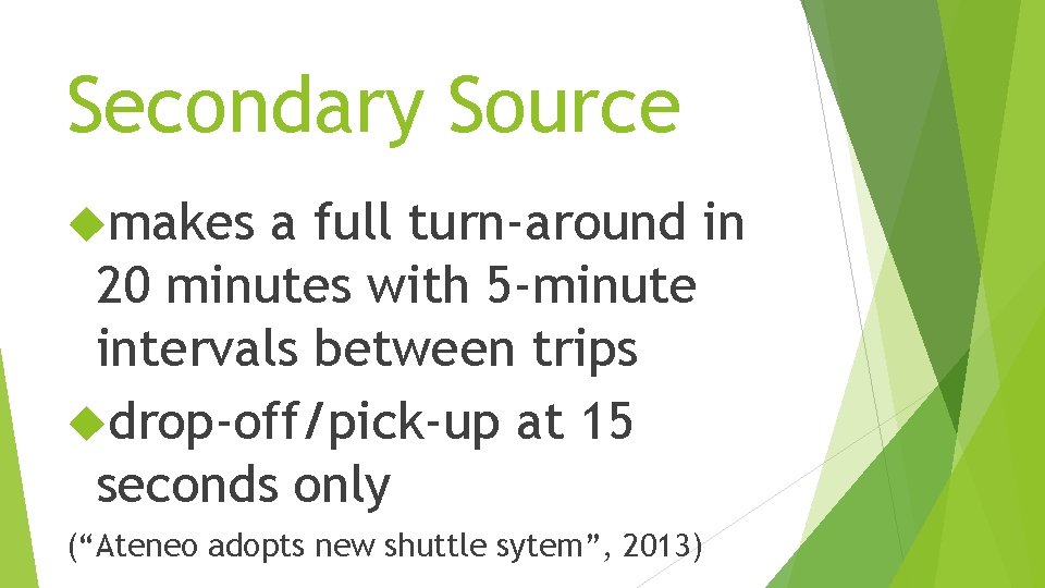 Secondary Source makes a full turn-around in 20 minutes with 5 -minute intervals between