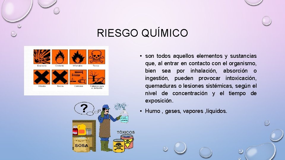 RIESGO QUÍMICO • son todos aquellos elementos y sustancias que, al entrar en contacto