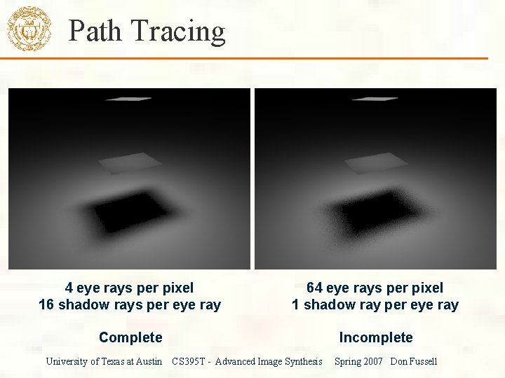 Path Tracing 4 eye rays per pixel 16 shadow rays per eye ray 64