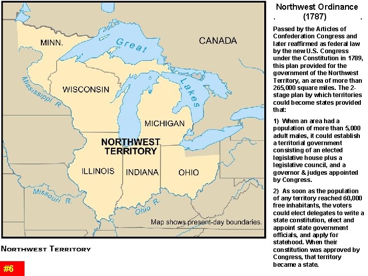 Northwest Ordinance . (1787) . Passed by the Articles of Confederation Congress and Northwest Ordinance . (1787) . Passed by the Articles of Confederation Congress and