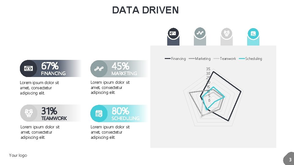 DATA DRIVEN 67% 45% Lorem ipsum dolor sit amet, consectetur adipiscing elit. FINANCING 31%