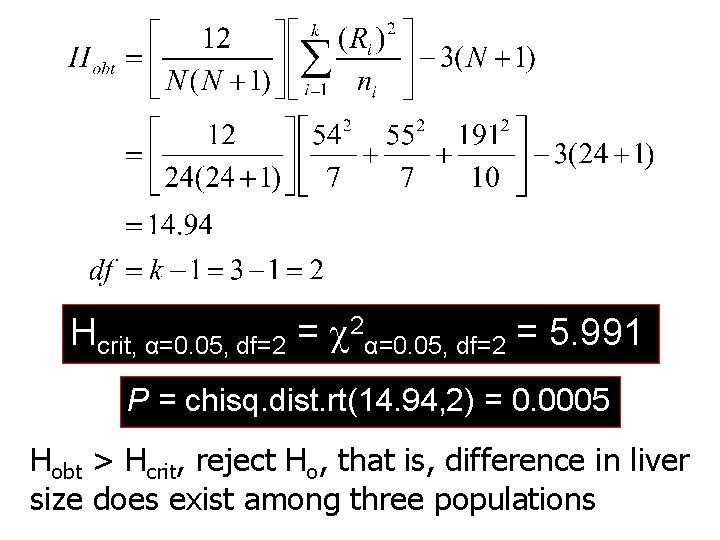 Hcrit, α=0. 05, df=2 = 2α=0. 05, df=2 = 5. 991 P = chisq.
