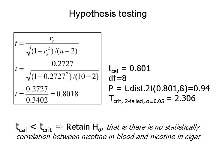 Hypothesis testing tcal = 0. 801 df=8 P = t. dist. 2 t(0. 801,