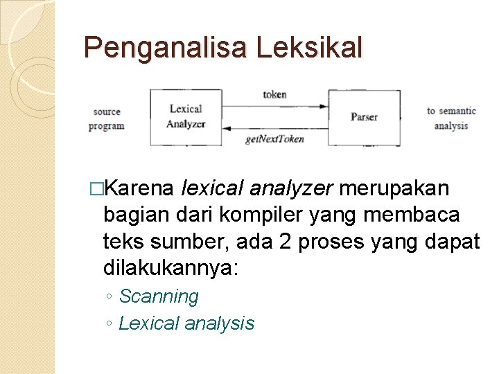 Penganalisa Leksikal �Karena lexical analyzer merupakan bagian dari kompiler yang membaca teks sumber, ada