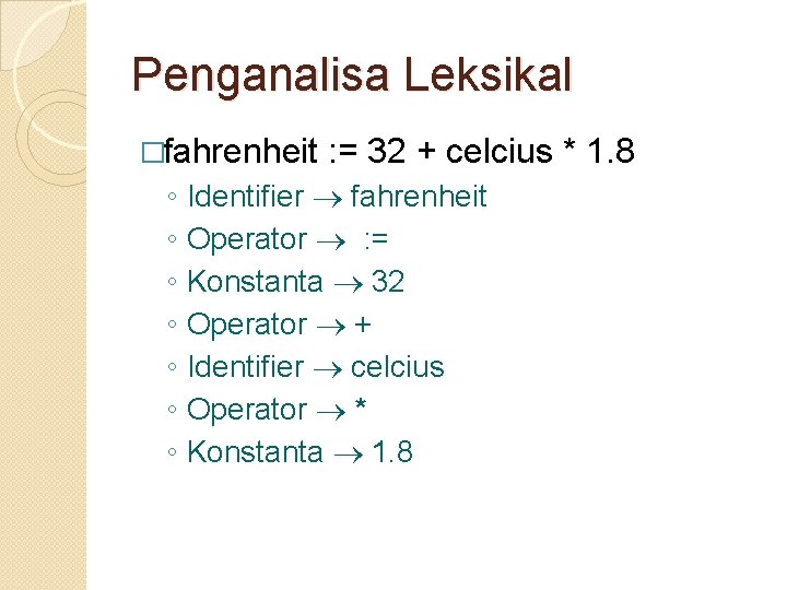 Penganalisa Leksikal �fahrenheit ◦ ◦ ◦ ◦ : = 32 + celcius * 1.