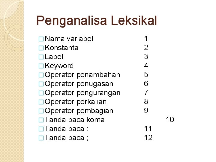 Penganalisa Leksikal � Nama variabel � Konstanta � Label � Keyword � Operator penambahan