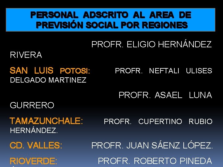PERSONAL ADSCRITO AL AREA DE PREVISIÓN SOCIAL POR REGIONES PROFR. ELIGIO HERNÁNDEZ RIVERA SAN