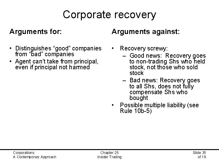 Corporate recovery Arguments for: Arguments against: • Distinguishes “good” companies from “bad” companies •