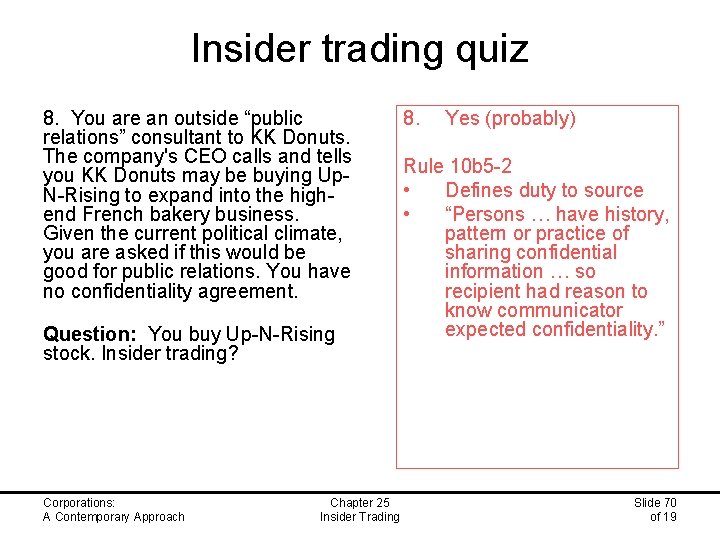Insider trading quiz 8. You are an outside “public relations” consultant to KK Donuts.