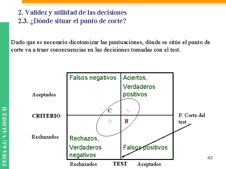 2. Validez y utilidad de las decisiones 2. 3. ¿Dónde situar el punto de