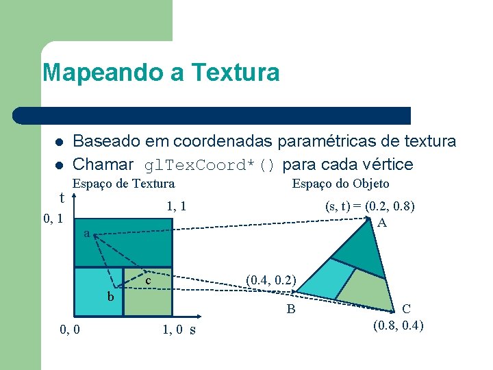 Mapeando a Textura l l t Baseado em coordenadas paramétricas de textura Chamar gl.