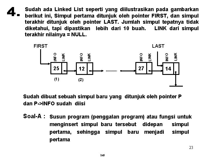 Sudah ada Linked List seperti yang diilustrasikan pada gambarkan berikut ini, Simpul pertama ditunjuk