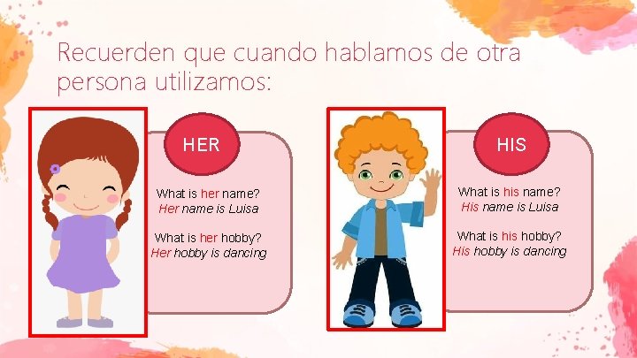 Recuerden que cuando hablamos de otra persona utilizamos: HER HIS What is her name?