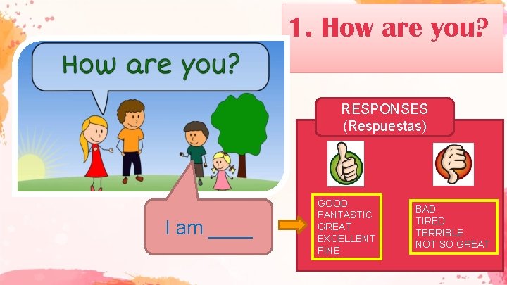 1. How are you? RESPONSES (Respuestas) I am ____ GOOD FANTASTIC GREAT EXCELLENT FINE