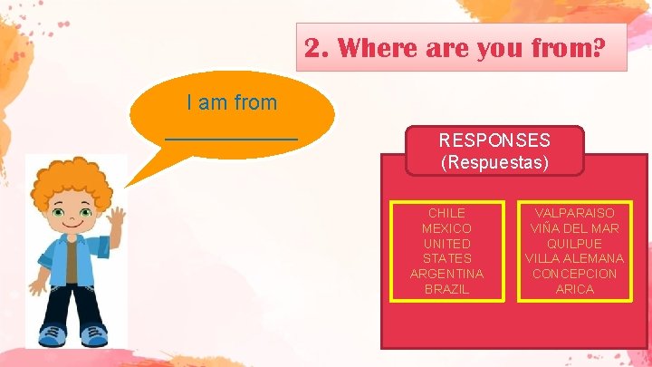 2. Where are you from? I am from ______ RESPONSES (Respuestas) CHILE MEXICO UNITED