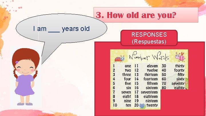 3. How old are you? I am ___ years old RESPONSES (Respuestas) 