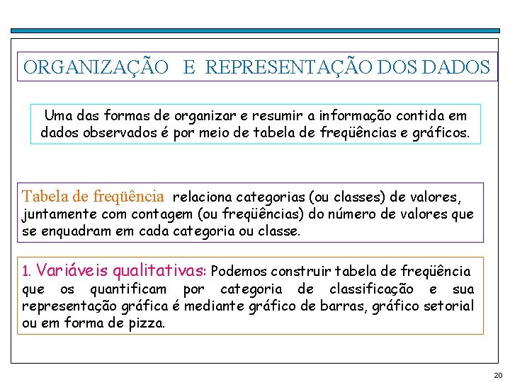 ORGANIZAÇÃO E REPRESENTAÇÃO DOS DADOS Uma das formas de organizar e resumir a informação