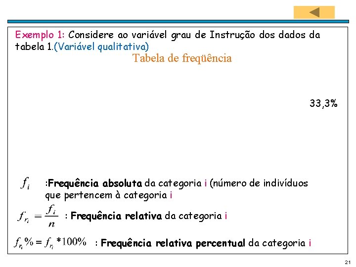 Exemplo 1: Considere ao variável grau de Instrução dos da tabela 1. (Variável qualitativa)