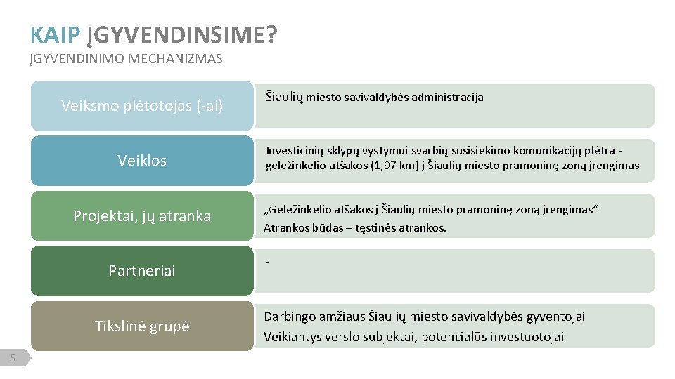 KAIP ĮGYVENDINSIME? ĮGYVENDINIMO MECHANIZMAS Veiksmo plėtotojas (-ai) Veiklos Projektai, jų atranka Partneriai Tikslinė grupė