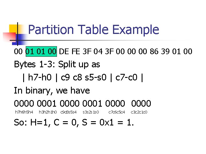 Partition Table Example 00 01 01 00 DE FE 3 F 04 3 F