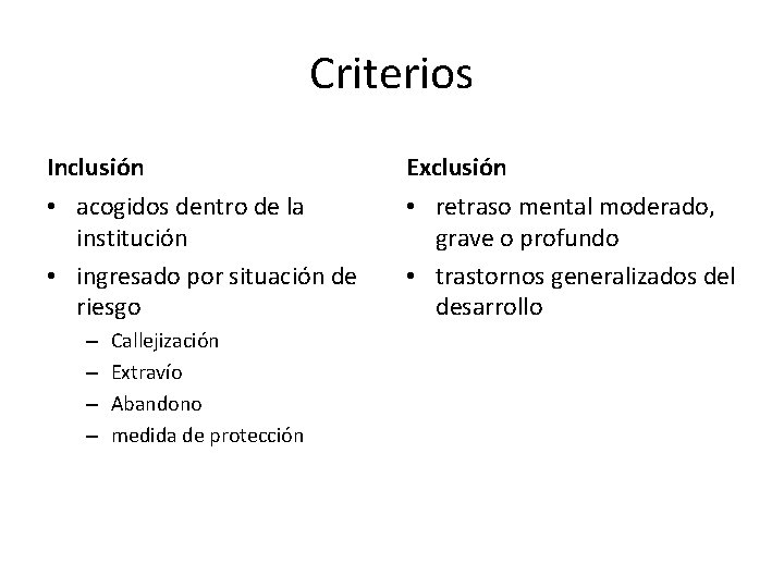 Criterios Inclusión Exclusión • acogidos dentro de la institución • ingresado por situación de