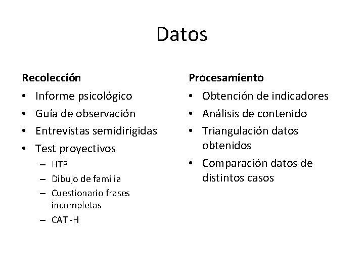 Datos Recolección • • Informe psicológico Guía de observación Entrevistas semidirigidas Test proyectivos –