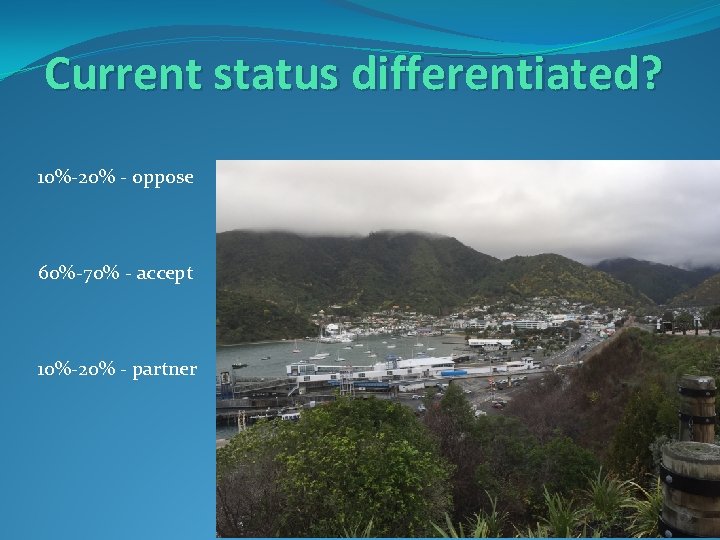 Current status differentiated? 10%-20% - oppose 60%-70% - accept 10%-20% - partner 