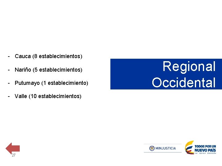 - Cauca (8 establecimientos) - Nariño (5 establecimientos) - Putumayo (1 establecimiento) - Valle