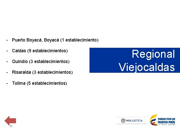 - Puerto Boyacá, Boyacá (1 establecimiento) - Caldas (9 establecimientos) - Quindío (3 establecimientos)