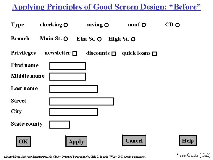 Applying Principles of Good Screen Design: “Before” Type checking Branch Main St. Privileges saving