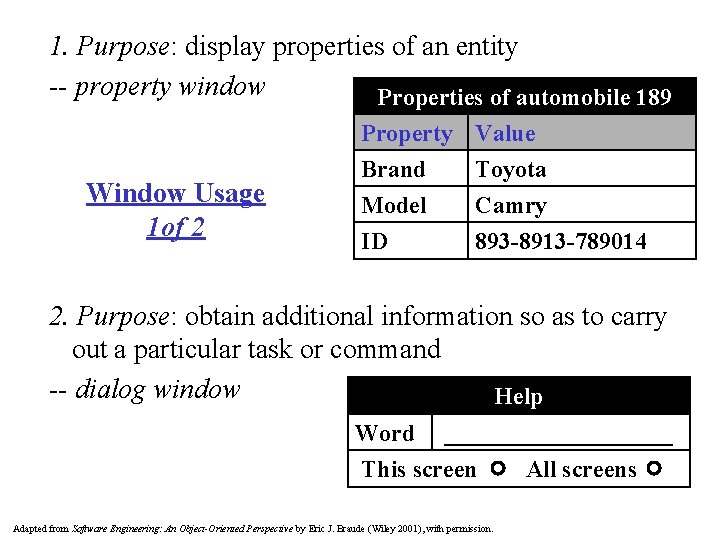 1. Purpose: display properties of an entity -- property window Properties of automobile 189