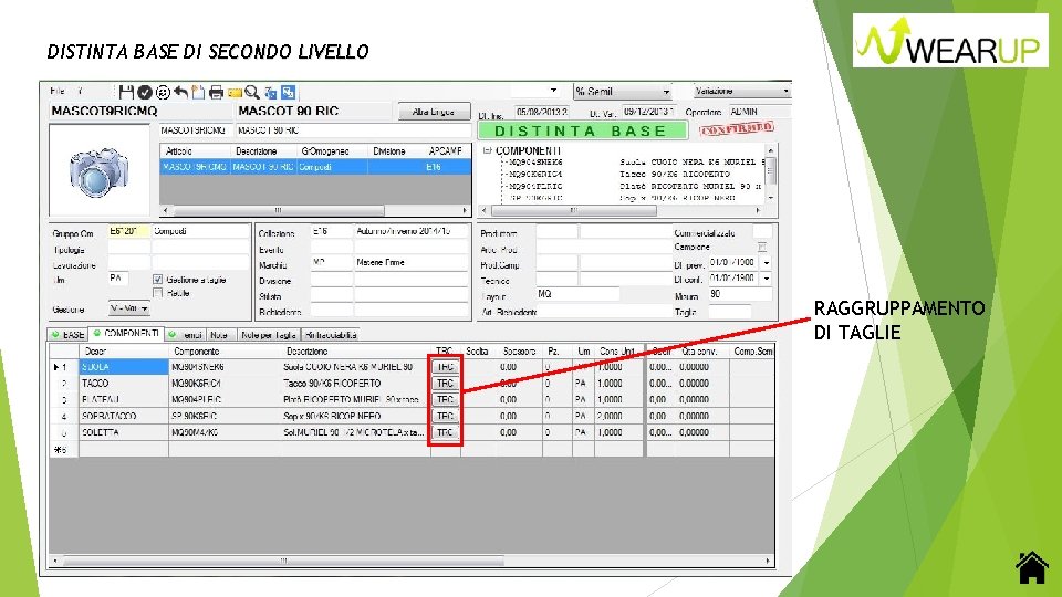 DISTINTA BASE DI SECONDO LIVELLO RAGGRUPPAMENTO DI TAGLIE 