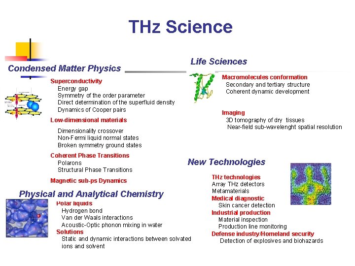 THz Science Condensed Matter Physics Life Sciences Macromolecules conformation Secondary and tertiary structure Coherent